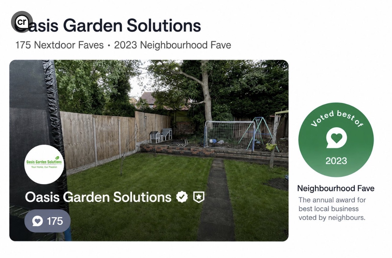 Oasis Garden Solutions garden project with evidence of 175 Nextdoor Faves and the 2023 Neighbourhood Fave award.